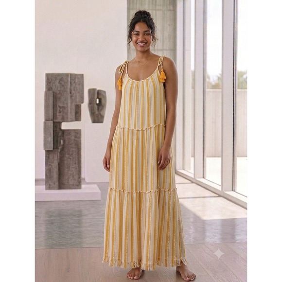 blue island Dresses & Skirts - Blue Island Mustard Yellow Striped Maxi Dress Metallic Gold Beach Wear Boho M